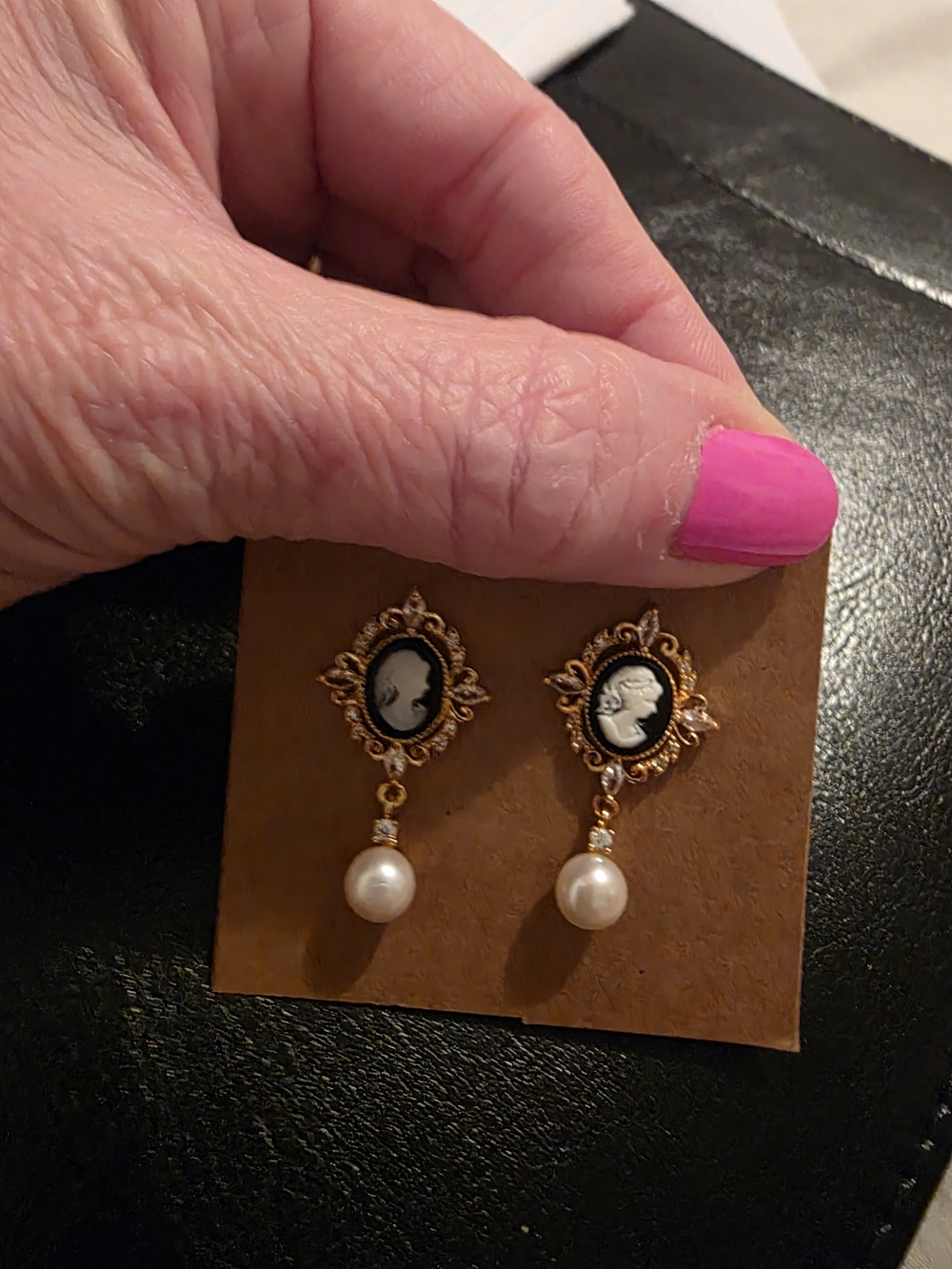 Vintage-Inspired Gold Cameo Drop Earrings with Pearl